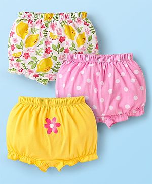 Babyhug 100% Cotton Single Jersey Knit Bloomers With Polka Dots & Floral Print Pack Of 3 - Pink Yellow & White