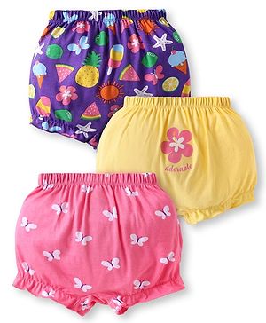 Babyhug 100% Cotton Knit Bloomers with Floral Butterfly & Pineapple Print Pack of 3 - Pink Yellow & Purple