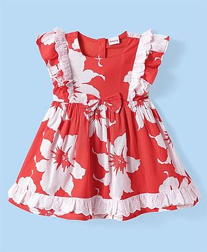 Babyhug Cotton Knit Frill Sleeves Frock with Floral Print & Lace Detailing - Rust Orange