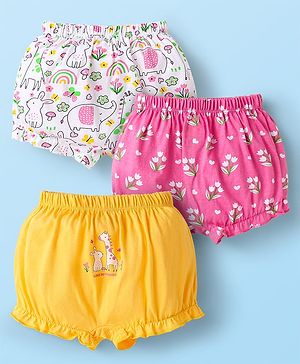 Babyhug 100% Cotton Single Jersey Knit Bloomers With Floral & Animal Print Pack Of 3 - Pink White & Yellow