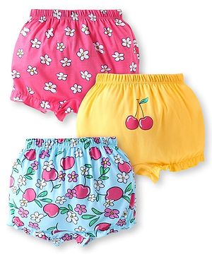 Babyhug 100% Cotton Knit Bloomers with Floral Print Pack of 3 - Blue Yellow & Pink