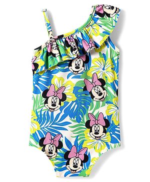 Babyhug Disney Sleeveless V Cut Swimsuit With Frill Detailing And Minnie Mouse Print - Multicolour