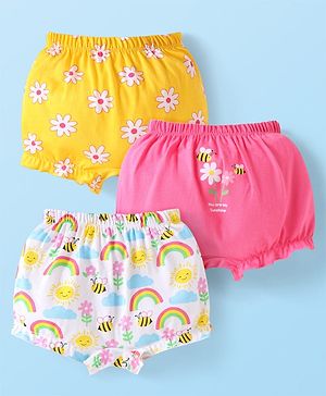 Babyhug 100% Cotton Knit Bloomers with Floral & Honeybees Print Pack of 3 - Yellow Pink & White