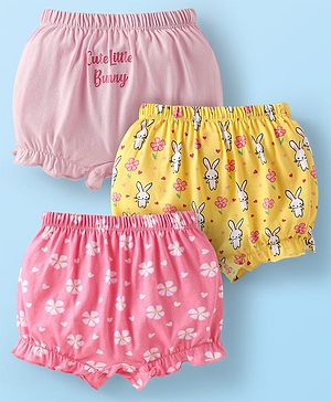 Babyhug 100% Cotton Single Jersey Knit Bloomers With Floral & Bunny Print Pack Of 3 - Yellow & Pink