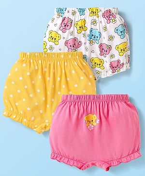 Babyhug 100% Cotton Knit Animal & Polka Dot Printed Bloomers Pack of 3 - Pink White & Yellow