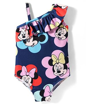 Babyhug Disney Sleeveless V Cut Swimsuit With Frills Detailing Minnie Mouse Print - Navy Blue