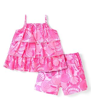 Babyhug Single Jersey Singlet Sleeves Top & Shorts Set with Print - Dark Pink