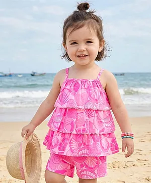 Babyhug Single Jersey Singlet Sleeves
                              Top & Shorts Set with Print - Dark
                              Pink