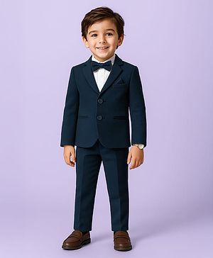 Babyhug Knit Full Sleeves Solid 3 Piece Party Suit With Bow - Navy Blue