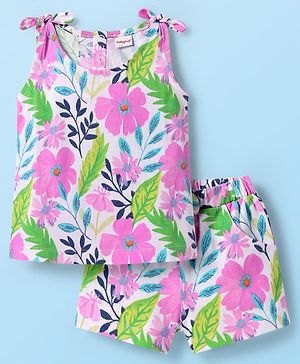 Babyhug Single Jersey Knit Sleeveless Top & Shorts Co-Ord Set With Floral Print - White