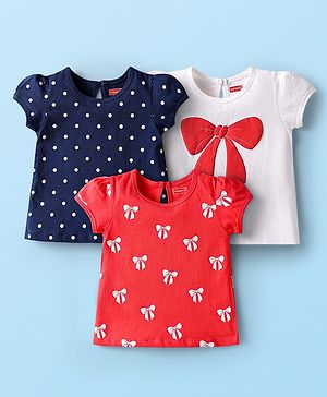 Babyhug Cotton Knit Half Sleeves T-Shirts with Polka Dots & Bow Print Pack of 3 - Red Navy Blue & White