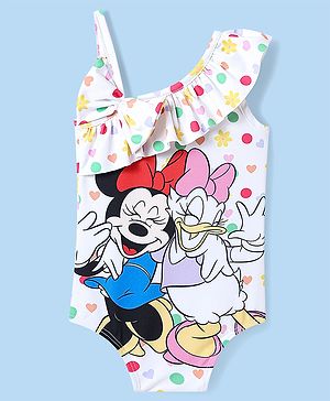 Babyhug Disney Sleeveless V Cut Swimsuit With Minnie Mouse And Family Print & Bow Applique - White