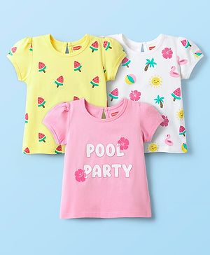 Babyhug Cotton Knit Half Sleeves T-Shirts With Tropical Print  Pack Of 3 -Yellow &  Pink
