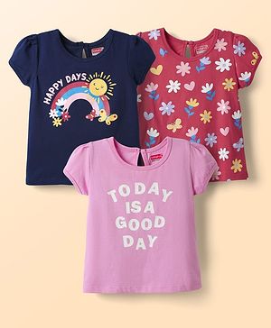Babyhug Cotton Knit Half Sleeves T-Shirts with Floral Text & Rainbow Print Pack of 3 - Pink Red & Navy Blue