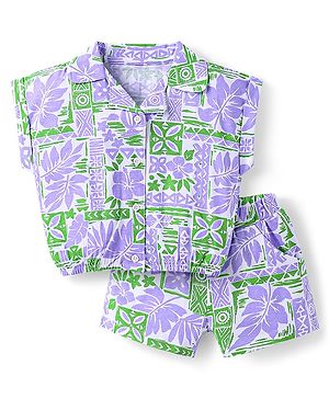 Babyhug Single Jersey Knit Half Sleeves Co-ords Top & Shorts Set with Tropical Theme Print - Lavender
