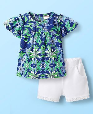 Babyhug Cotton Woven Half Frill Sleeves Floral Printed Top & Shorts Set - White & Blue