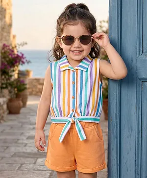 Babyhug Single Jersey Knit Sleeveless
                              Collared Top & Shorts with Stripes
                              & Knot Detailing - Orange