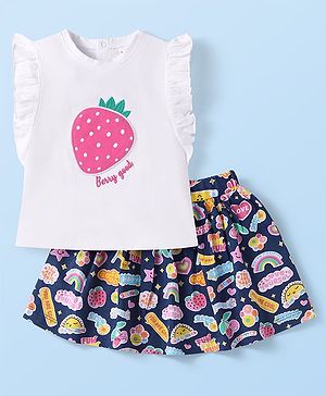 Babyhug Single Jersey Knit Frill Sleeves Top & Skirt Set with Strawberry Print & Embroidery Bow Applique - Navy Blue & White