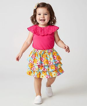 Babyhug Cotton Knit Cap Sleeves Top & Skirt With Floral Print - Dark Pink