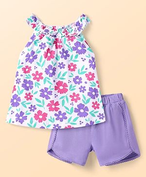 Babyhug Single Jersey Knit Sleeveless Top & Shorts Set with Floral Print - Purple & White