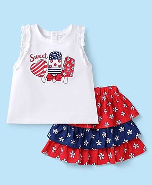 Babyhug Single Jersey Knit Sleeveless Top & Skirt With Floral Print - White Blue & Red