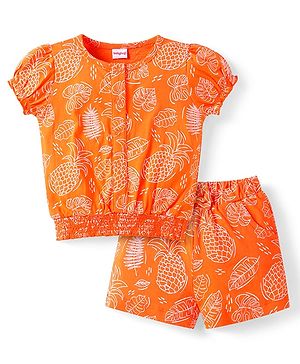 Babyhug Single Jersey Knit Half Puffed Sleeves Co-ords Top & Shorts Set with Tropical Theme Print - Orange