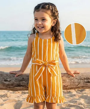Mark & Mia Cotton Woven
                              Sleeveless Striped Jumpsuit with Belt
                              & Frill Detailing - Mustard