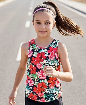 Pine Active Knit Sleeveless Tank T-Shirt with Floral Print - Black