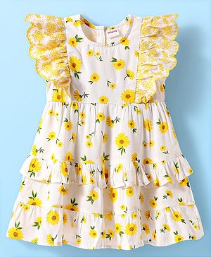 Babyhug Cotton Woven Frill Sleeves Frock With Floral Print - White