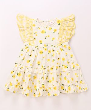 Babyhug Cotton Woven Frill Sleeves Frock With Floral Print - White