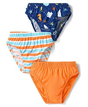 Babyhug 100% Cotton Knit Striped & Sea Animals Printed Briefs Pack of 3 - Navy Blue White & Orange