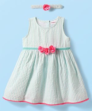 Babyhug Cotton Woven Sleeveless Striped Frock with Floral Applique & Headband - Mint Green & Pink
