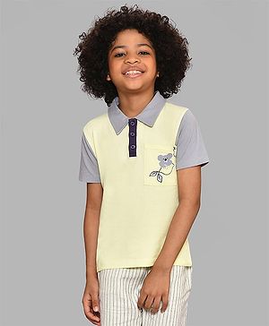 Mi Arcus Cotton Spandex Half Sleeves Koala Printed Colour Blocked Polo Tee - Light Yellow