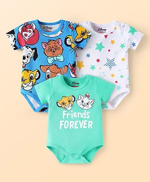 Babyhug Disney Interlock Knit Half Sleeve Onesies With Disney Character Graphic Pack Of 3 - Light Green & Blue