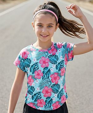 Pine Active Knit Half Sleeves T-Shirt With Floral Print - Light Blue
