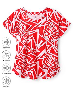 Pine Active Knit Half Sleeves T-Shirt With Abstract Print - Red & White