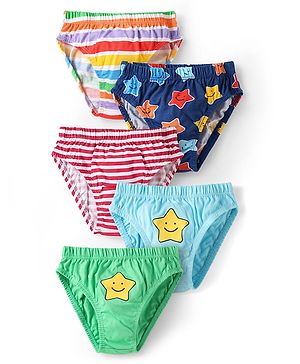 Babyhug 100% Cotton Single Jersey Knit Briefs With Stripes & Star Print Pack Of 5 - Multicolour