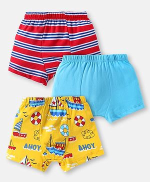 Babyhug 100% Single Jersey Cotton Knit Trunks with Stripes & Nautical Theme Print Pack of 3 - Red Blue & Yellow
