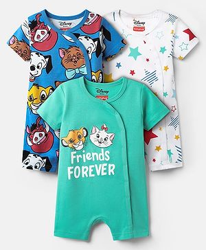 Babyhug Disney Interlock Knit Half Sleeves Rompers With Disney Character Graphics Pack of 3 - Sea Green Blue & White