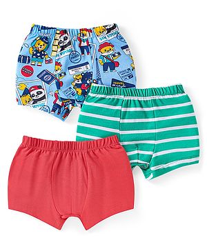 Babyhug 100% Cotton Knit Trunks with Stripes & Bear Print Pack of 3 - Red Blue & Mint Green