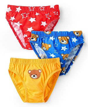 Babyhug 100% Cotton Single Jersey Knit Panties With Star & Bear Print Pack Of 3 - Yellow Red & Blue