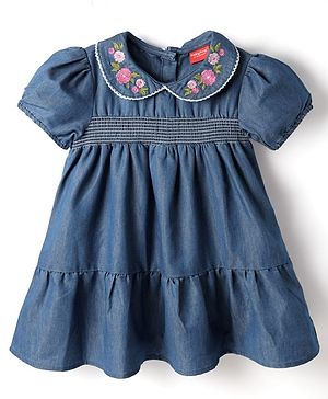 Babyhug Denim Woven Half Sleeves Peter Pan Collar Frock With Floral Embroidery - Blue