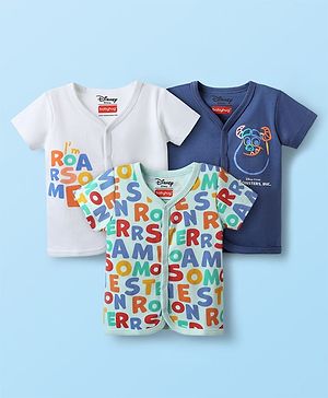 Babyhug Disney Interlock Knit Half Sleeves Front Open Jhablas with Monster INC Graphics Pack of 3 - White Mint & Navy Blue