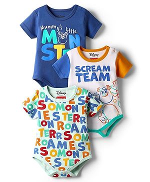 Babyhug Disney Interlock Knit Half Sleeves Onesies with Text Print Pack of 3 - White Light Green & Navy Blue