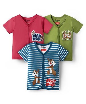 Babyhug Disney Interlock Knit Half Sleeves Front Open Jhablas With Chip & Dale Graphics Pack Of 3 - Green Navy Blue & Pink