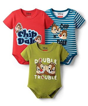 Babyhug Disney Interlock Knit Half Sleeves Striped Onesies with Chip n Dale Graphics Pack of 3 - Red Olive Green & Blue