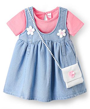 Babyhug Cotton Knit  Half Sleeves Frock & Inner T-Shirt With Floral Applique - Pink & Blue