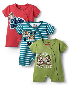 Babyhug Disney Interlock Knit Half Sleeves Front Open Rompers With Chip N Dale Graphics Pack of 3 - Green Blue & Red