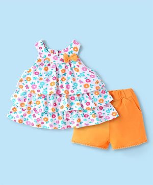 Babyhug Single Jersey Knit Sleeveless Top & Shorts Set With Floral Print & Bow Applique - White & Orange