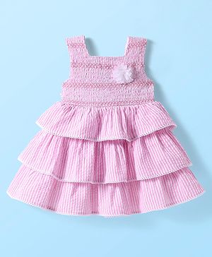 Babyhug Cotton Knit Sleeveless Frock with Floral Applique - Pink